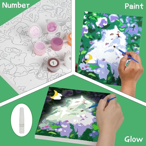 Glow-in-the-Dark Paint-by-Numbers Set (Ages 8-12): 3 Framed Canvases, 30 Paints, 5 Brushes - Image 4