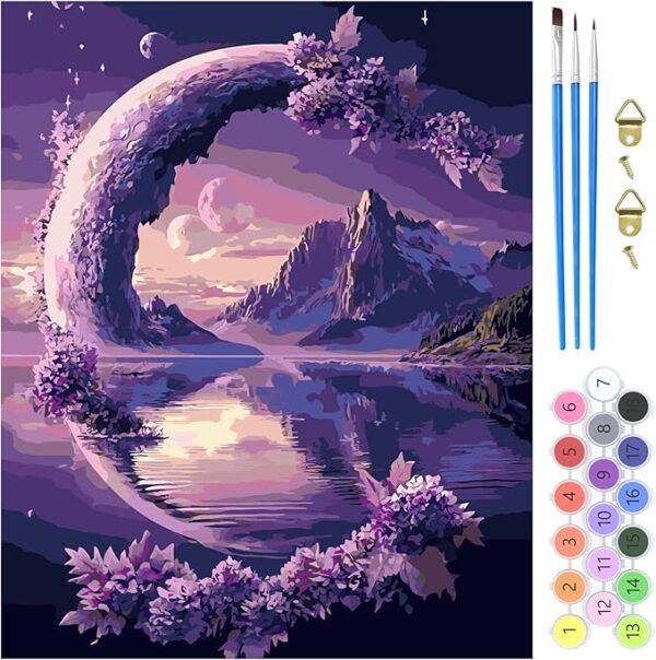 Moon & Flowers Lake Paint by Number Kit – 16x20in DIY Canvas for Adults