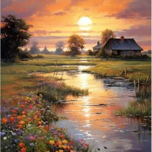 Countryside Sunset Stamped Cross Stitch Kit – Riverside Cabin Scenery for Beginners