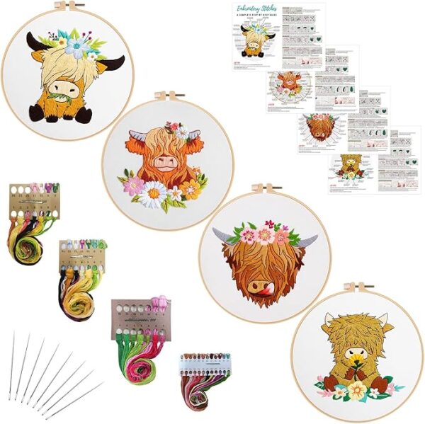 4-Set Highland Cow Embroidery Kit for Beginners – Includes Hoop, Cloth & Threads