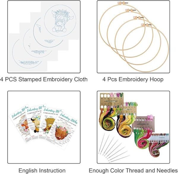 4-Set Highland Cow Embroidery Kit for Beginners – Includes Hoop, Cloth & Threads - Image 2