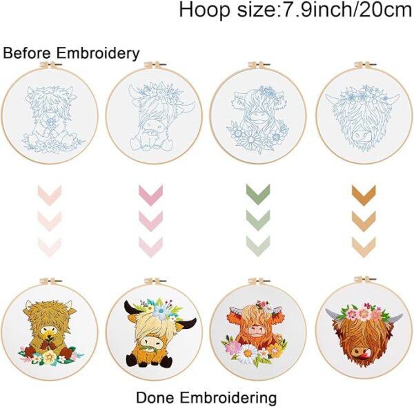 4-Set Highland Cow Embroidery Kit for Beginners – Includes Hoop, Cloth & Threads - Image 3