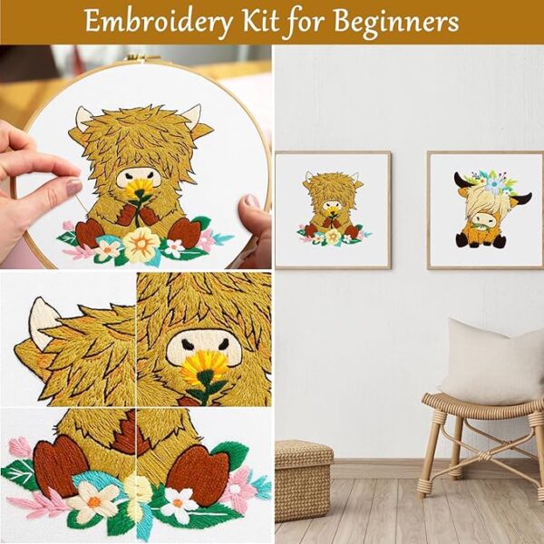 4-Set Highland Cow Embroidery Kit for Beginners – Includes Hoop, Cloth & Threads - Image 4