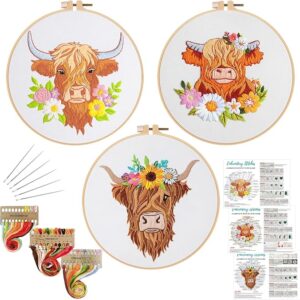 3-Set Embroidery Kit for Beginners – Highland Cow & Floral Patterns with Hoop