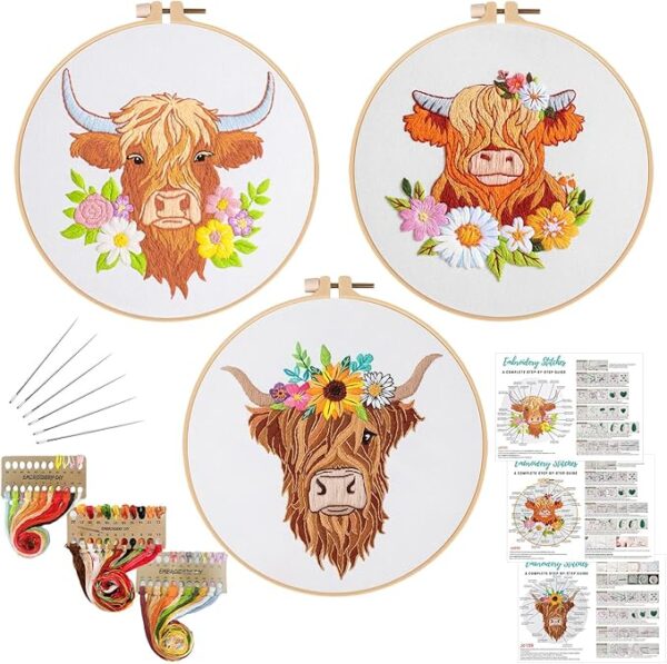3-Set Embroidery Kit for Beginners – Highland Cow & Floral Patterns with Hoop