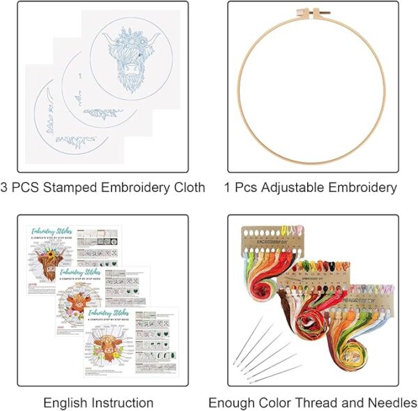 3-Set Embroidery Kit for Beginners – Highland Cow & Floral Patterns with Hoop - Image 2