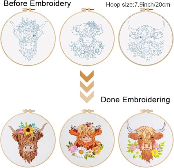 3-Set Embroidery Kit for Beginners – Highland Cow & Floral Patterns with Hoop - Image 3