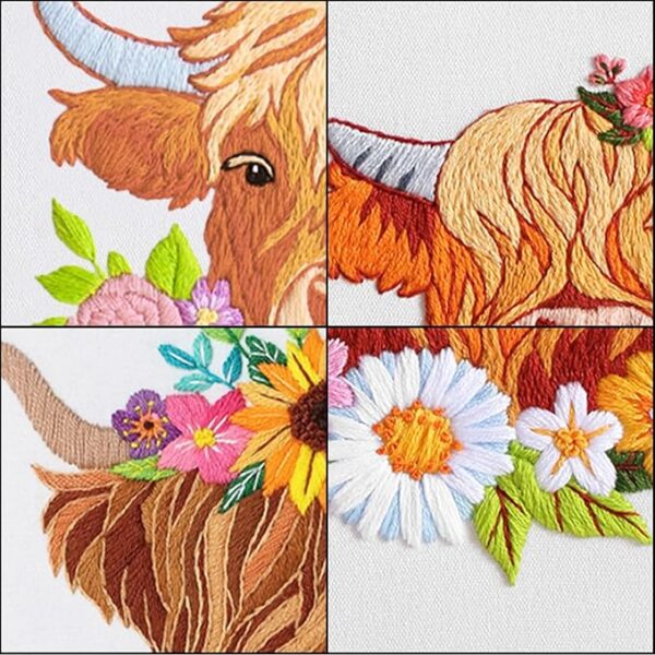 3-Set Embroidery Kit for Beginners – Highland Cow & Floral Patterns with Hoop - Image 4