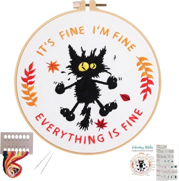 Cute Cat Embroidery Kit for Beginners ("Everything is Fine" Pattern)