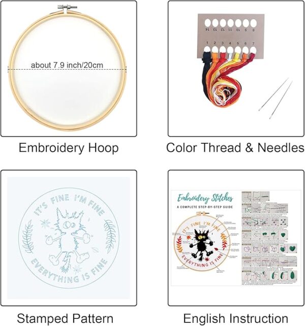 Cute Cat Embroidery Kit for Beginners ("Everything is Fine" Pattern) - Image 2