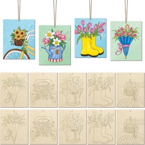 10 Large Spring Unfinished Wood Crafts: Predrilled Tulips with Ropes.upplies with Ropes