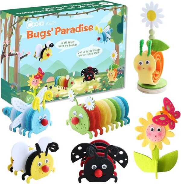 Coola Craft Kit for Kids 4-8: 8 Felt Animals (Bee, Ladybug, Snail, Caterpillar)