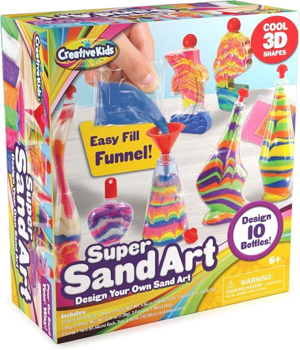 Creative Kids Sand Art Kit: 10 Bottles, 10 Colored Sand Bags + Glitter