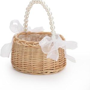 Rustic wicker flower girl basket with pearl handle & ribbon bow