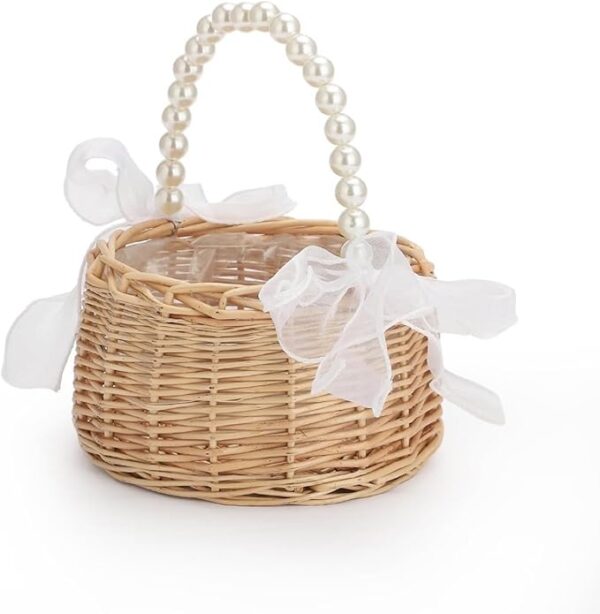 Rustic wicker flower girl basket with pearl handle & ribbon bow