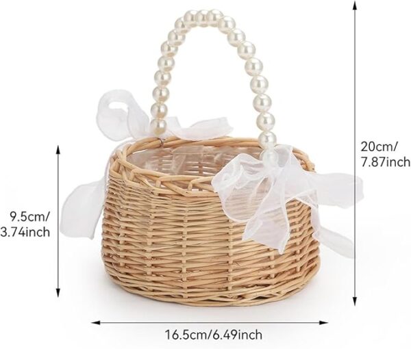 Rustic wicker flower girl basket with pearl handle & ribbon bow - Image 2