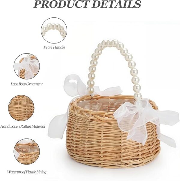 Rustic wicker flower girl basket with pearl handle & ribbon bow - Image 3