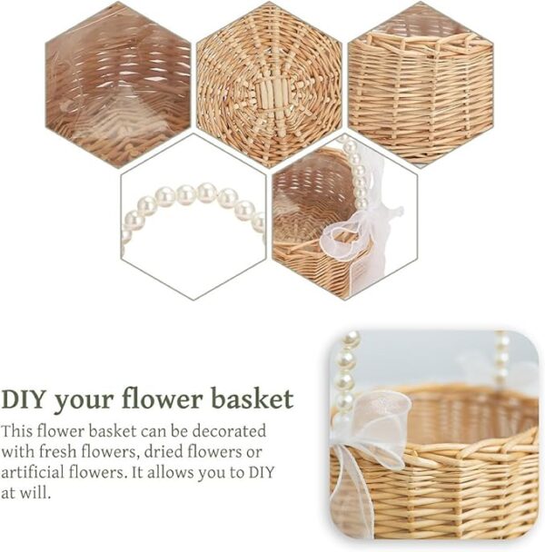 Rustic wicker flower girl basket with pearl handle & ribbon bow - Image 4