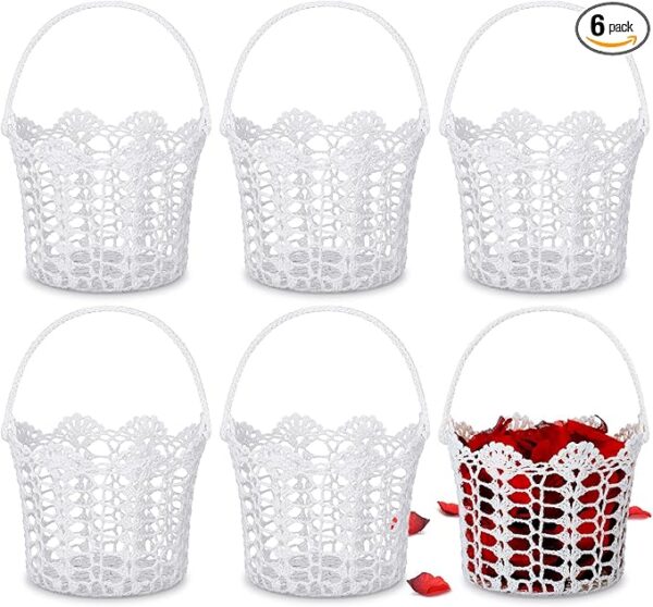 6 Wedding Flower Baskets: Woven with Handle (White)