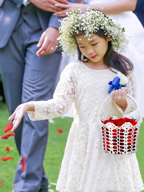 6 Wedding Flower Baskets: Woven with Handle (White) - Image 2