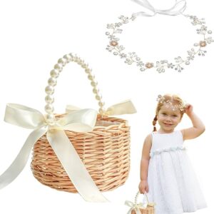 Flower Girl Basket & Headpiece Set: Handwoven Wicker Basket with Pearl Handle & Pearl Headband