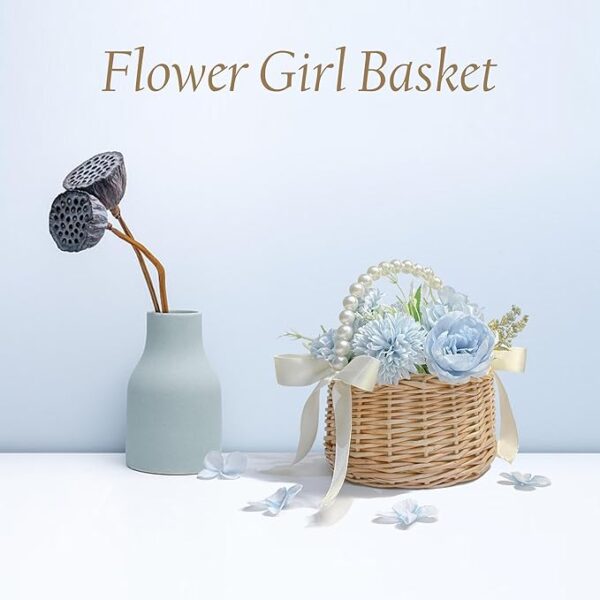 Flower Girl Basket & Headpiece Set: Handwoven Wicker Basket with Pearl Handle & Pearl Headband - Image 2