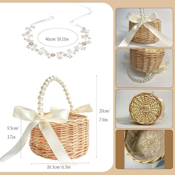Flower Girl Basket & Headpiece Set: Handwoven Wicker Basket with Pearl Handle & Pearl Headband - Image 4