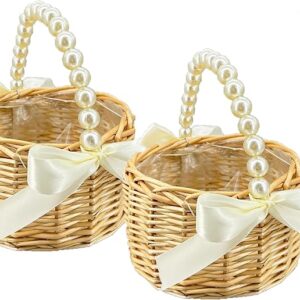 2-pack wicker rattan flower girl baskets with bows & pearl handles.