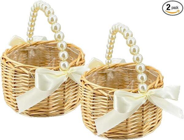 2-pack wicker rattan flower girl baskets with bows & pearl handles.