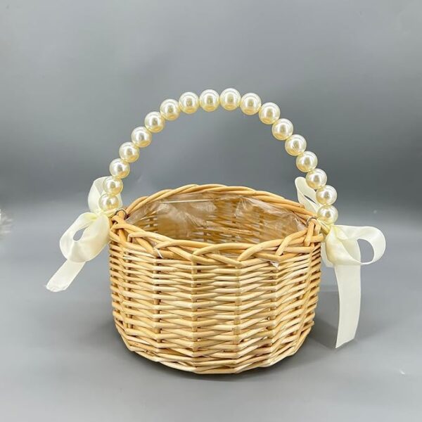 2-pack wicker rattan flower girl baskets with bows & pearl handles. - Image 3