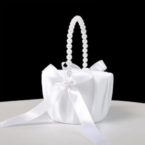 White Wedding Flower Girl Basket with Pearl Handle & Satin Bowknot