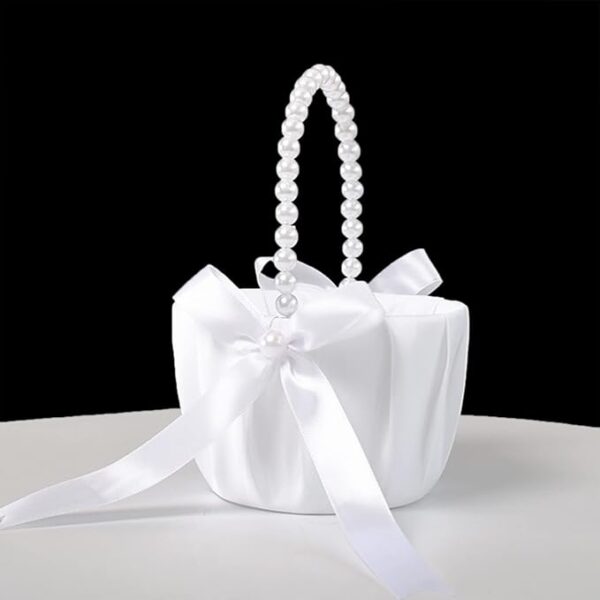 White Wedding Flower Girl Basket with Pearl Handle & Satin Bowknot