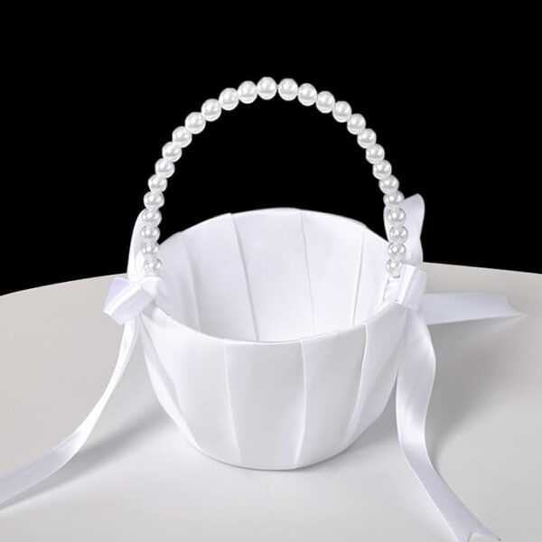 White Wedding Flower Girl Basket with Pearl Handle & Satin Bowknot - Image 3