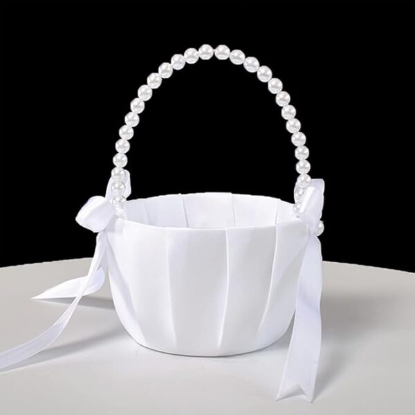 White Wedding Flower Girl Basket with Pearl Handle & Satin Bowknot - Image 4