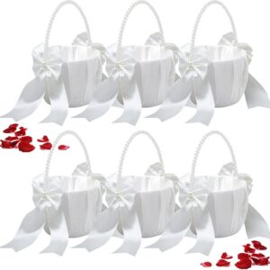 6 Pieces Wedding Flower Girl Baskets: Cute Pearl Handle, White Bowknot Satin.