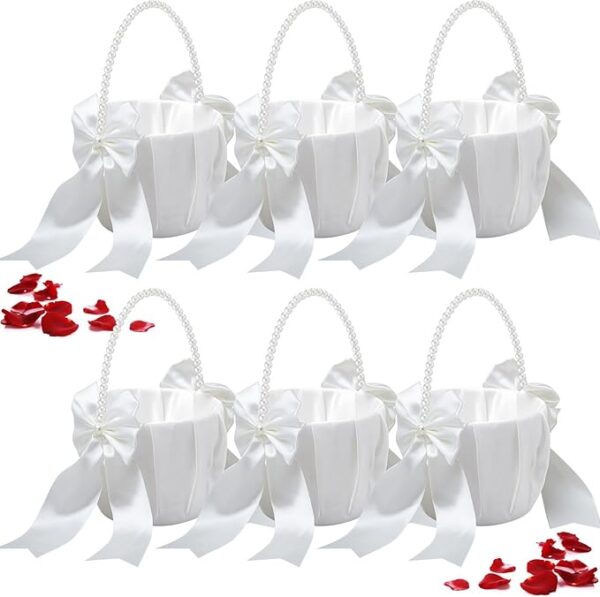 6 Pieces Wedding Flower Girl Baskets: Cute Pearl Handle, White Bowknot Satin.
