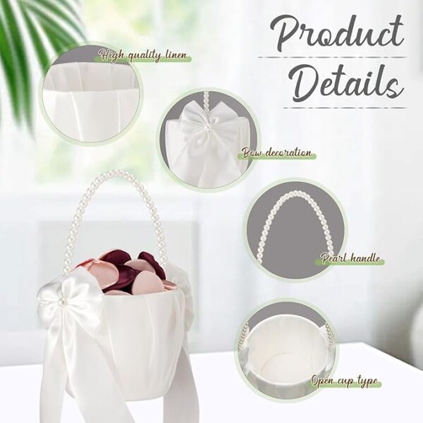 6 Pieces Wedding Flower Girl Baskets: Cute Pearl Handle, White Bowknot Satin. - Image 3