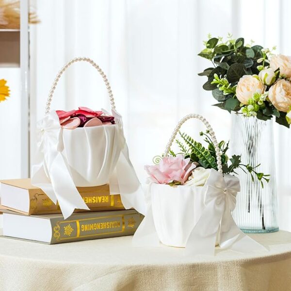 6 Pieces Wedding Flower Girl Baskets: Cute Pearl Handle, White Bowknot Satin. - Image 4