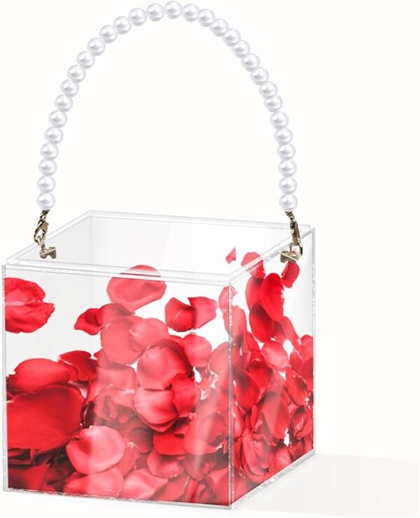 Plastic flower girl basket with ribbon, acrylic petal holder.