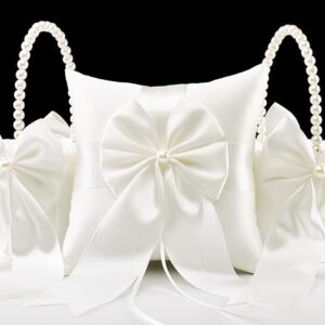 2 Flower Girl Baskets & Ring Bearer Pillow Set: Ivory Fairy Wedding Baskets with Pearl Handles