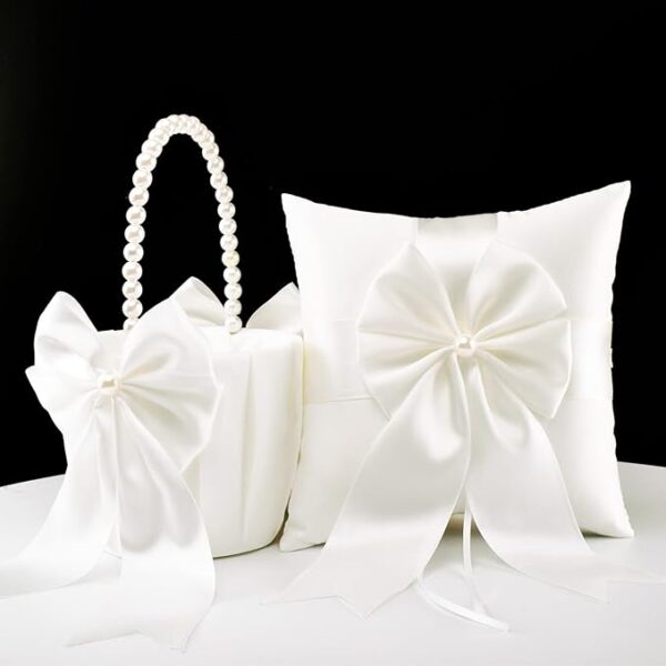 2 Flower Girl Baskets & Ring Bearer Pillow Set: Ivory Fairy Wedding Baskets with Pearl Handles - Image 2