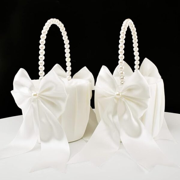 2 Flower Girl Baskets & Ring Bearer Pillow Set: Ivory Fairy Wedding Baskets with Pearl Handles - Image 3
