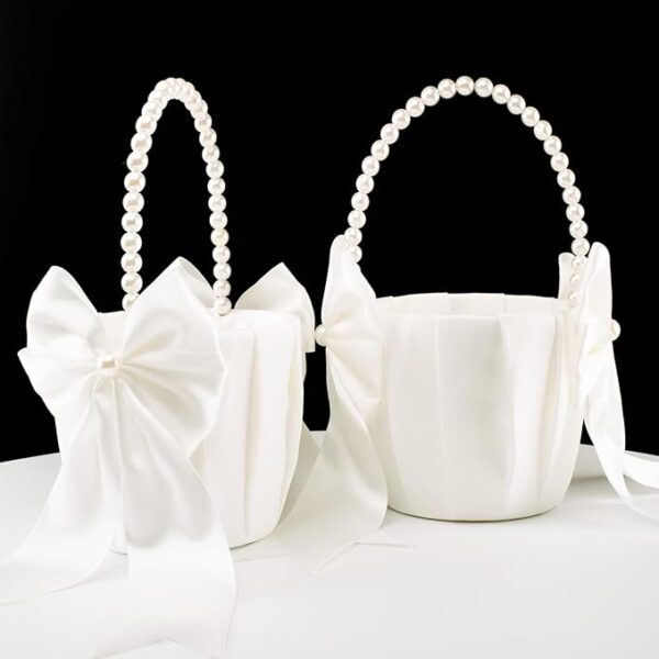 2 Flower Girl Baskets & Ring Bearer Pillow Set: Ivory Fairy Wedding Baskets with Pearl Handles - Image 4