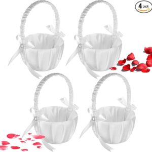4 Wedding Flower Baskets: White Satin Bowknot with Pearls.