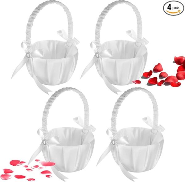 4 Wedding Flower Baskets: White Satin Bowknot with Pearls.