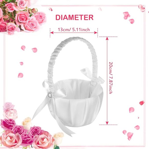 4 Wedding Flower Baskets: White Satin Bowknot with Pearls. - Image 2