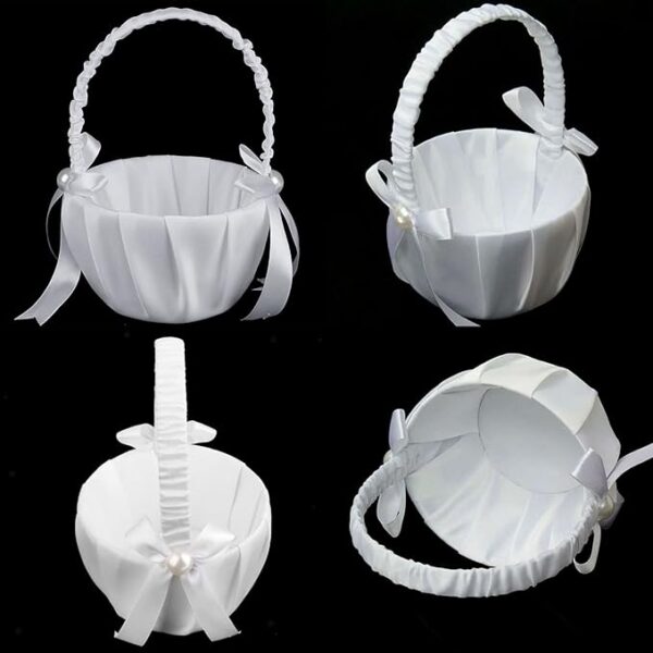 4 Wedding Flower Baskets: White Satin Bowknot with Pearls. - Image 3