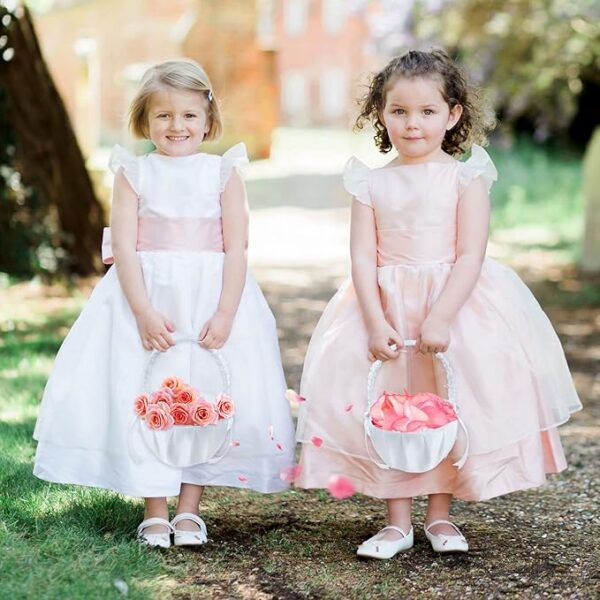 4 Wedding Flower Baskets: White Satin Bowknot with Pearls. - Image 4