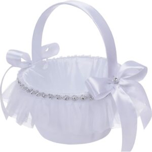 Flower Girl Basket: Satin, Handwoven, Pearl Handle (Rustic White)
