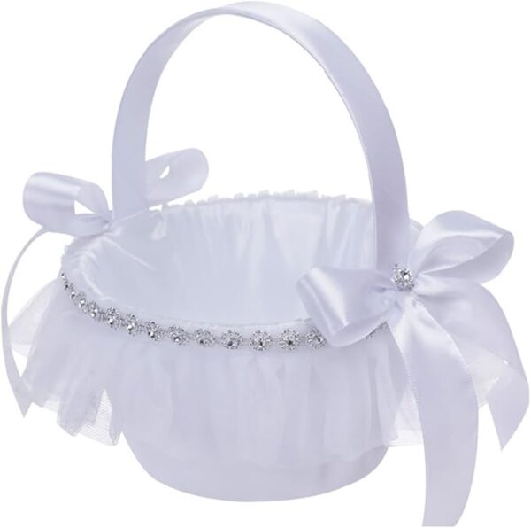Flower Girl Basket: Satin, Handwoven, Pearl Handle (Rustic White)